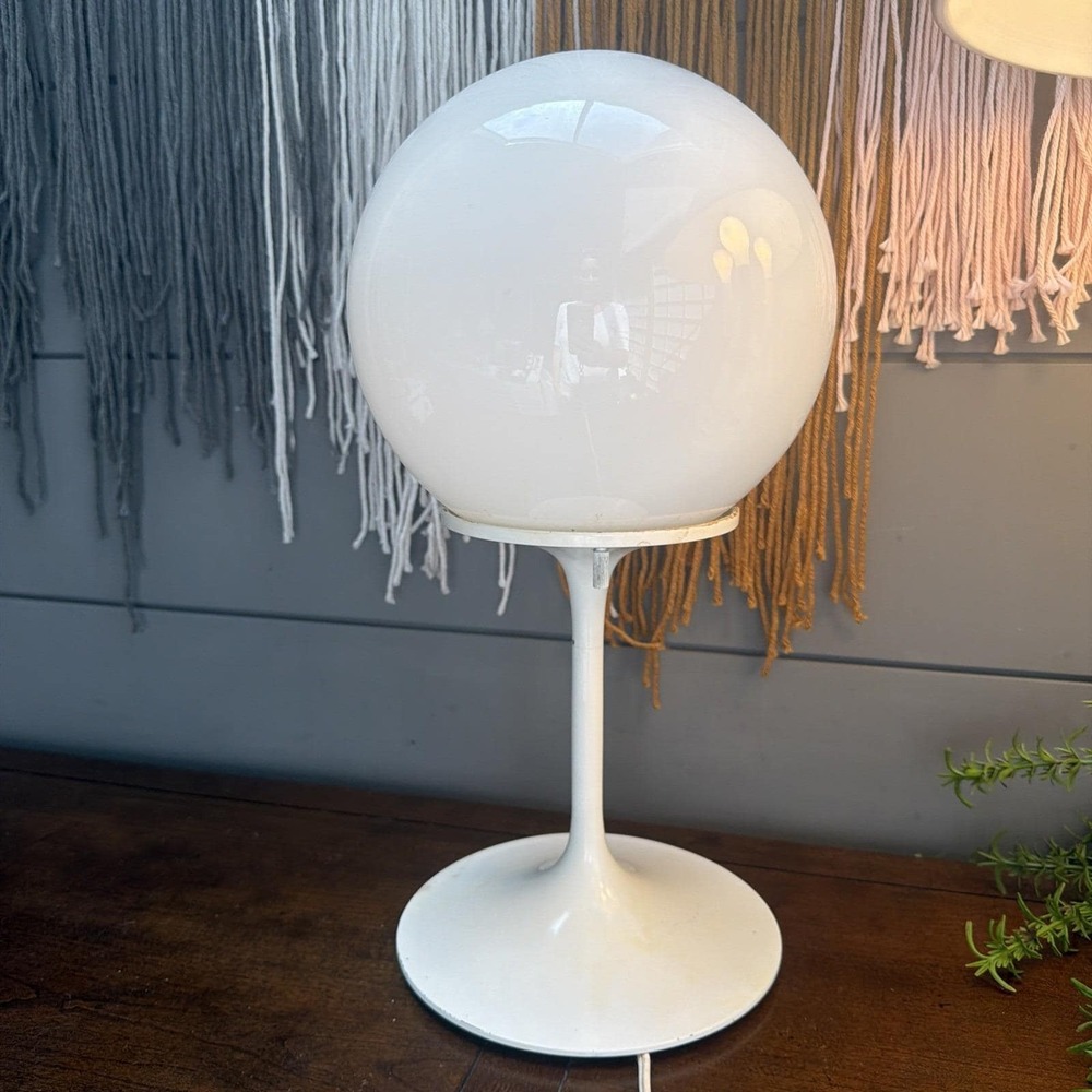 Stemlite Opaque White Glass Ball Shade Table Lamp by Bill Curry Design Line MCM
